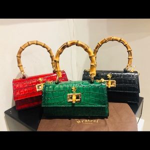 Pratesi Leather evening bag with bamboo handle